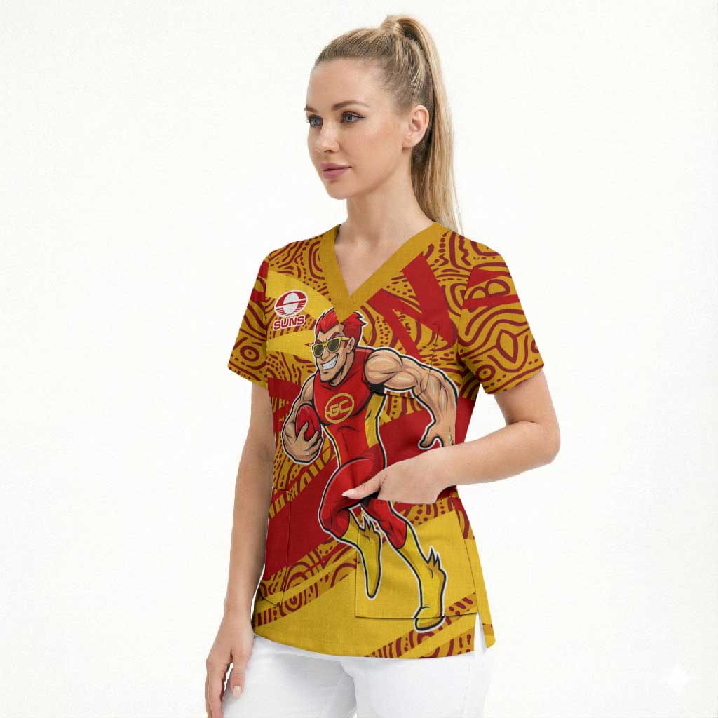 Gold Coast Suns Australian Football Scrub Top Sunny Hero Mascot With Indigenous Pattern Art