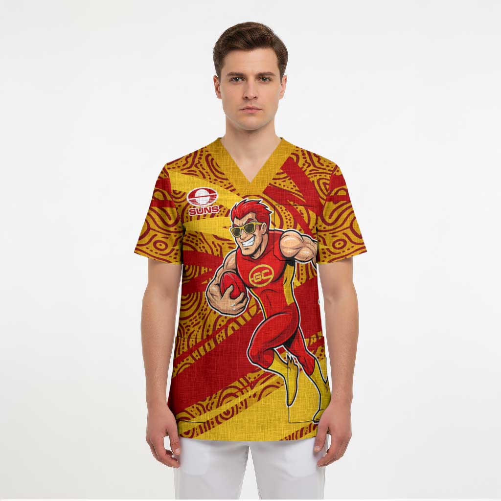 Gold Coast Suns Australian Football Scrub Top Sunny Hero Mascot With Indigenous Pattern Art
