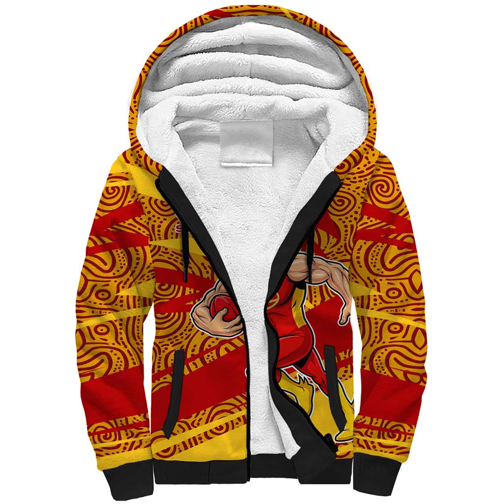 Gold Coast Suns Australian Football Sherpa Hoodie Sunny Hero Mascot With Indigenous Pattern Art