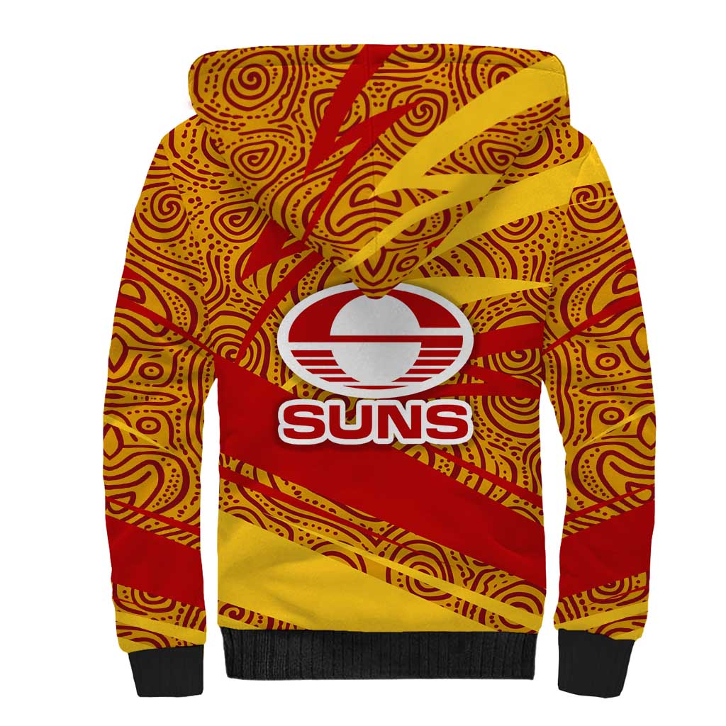 Gold Coast Suns Australian Football Sherpa Hoodie Sunny Hero Mascot With Indigenous Pattern Art