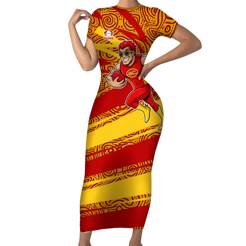 Gold Coast Suns Australian Football Short Sleeve Bodycon Dress Sunny Hero Mascot With Indigenous Pattern Art