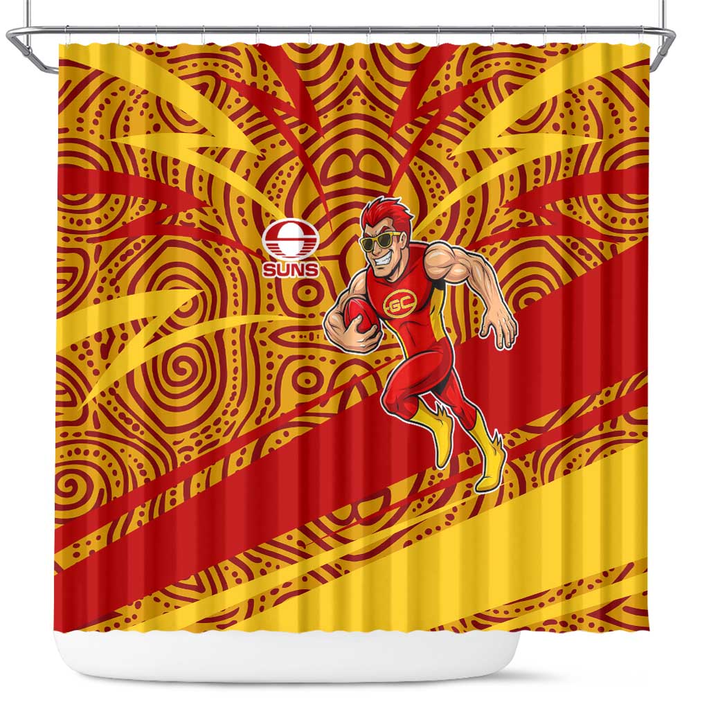 Gold Coast Suns Australian Football Shower Curtain Sunny Hero Mascot With Indigenous Pattern Art