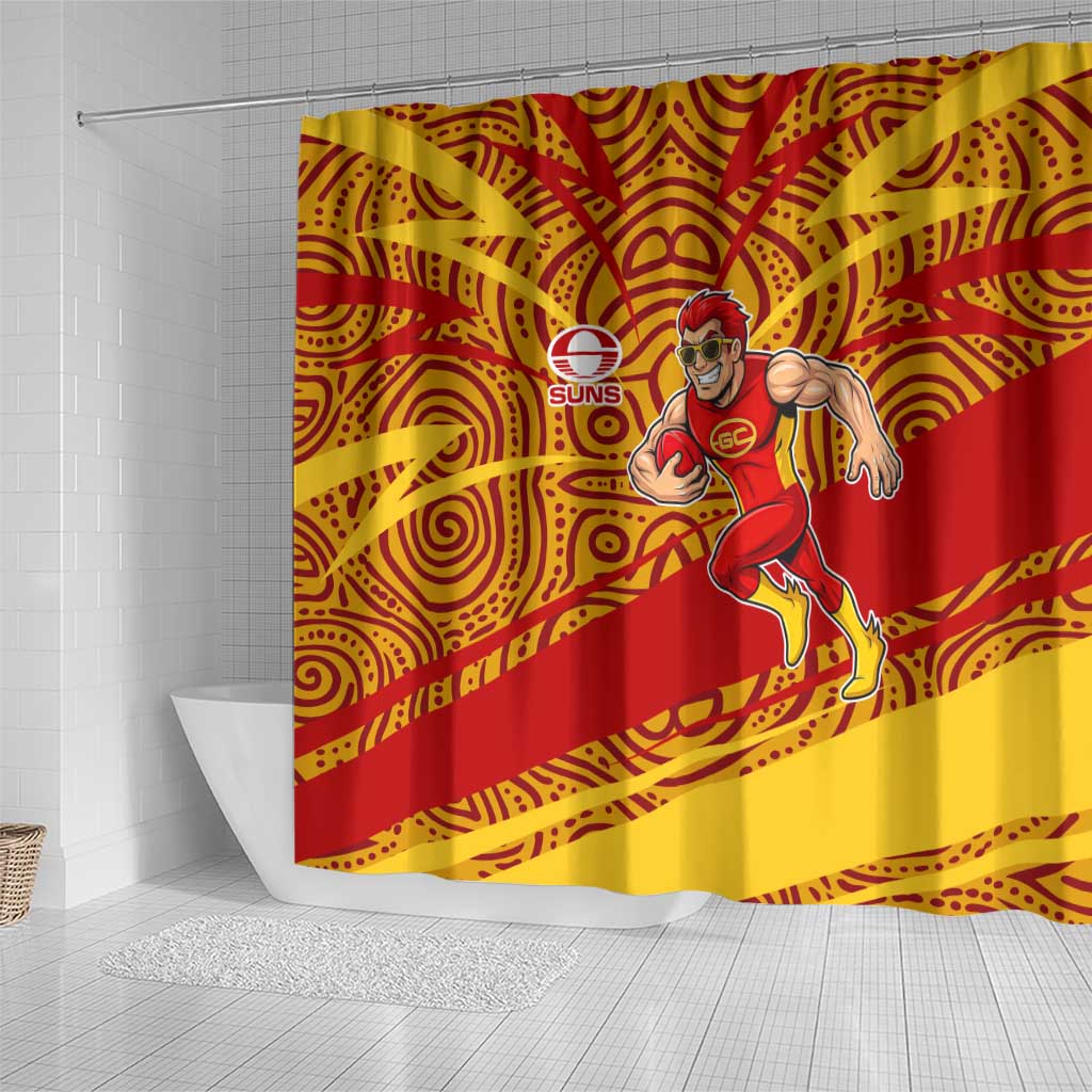Gold Coast Suns Australian Football Shower Curtain Sunny Hero Mascot With Indigenous Pattern Art