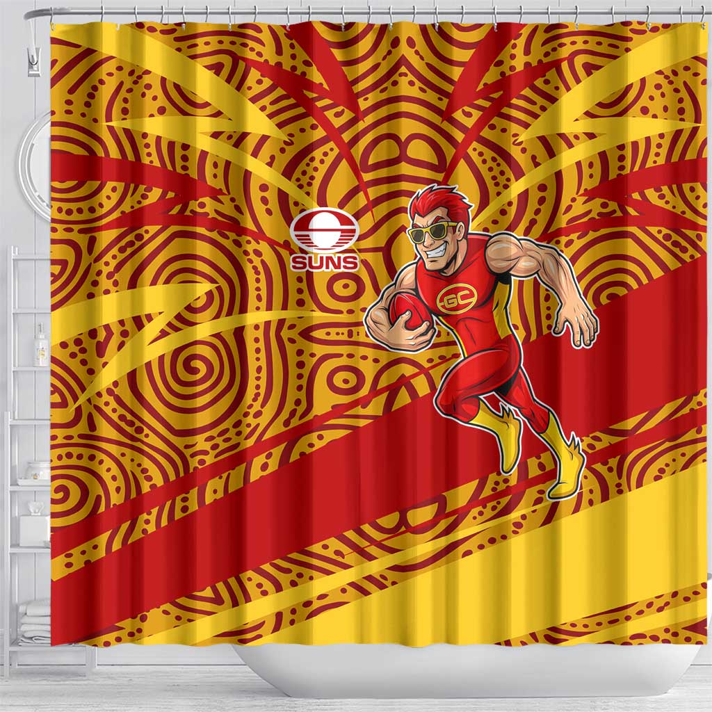 Gold Coast Suns Australian Football Shower Curtain Sunny Hero Mascot With Indigenous Pattern Art