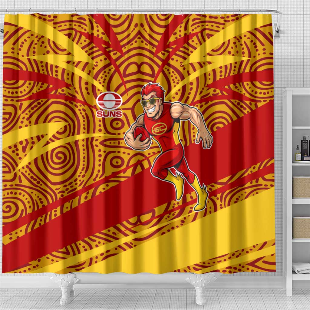 Gold Coast Suns Australian Football Shower Curtain Sunny Hero Mascot With Indigenous Pattern Art