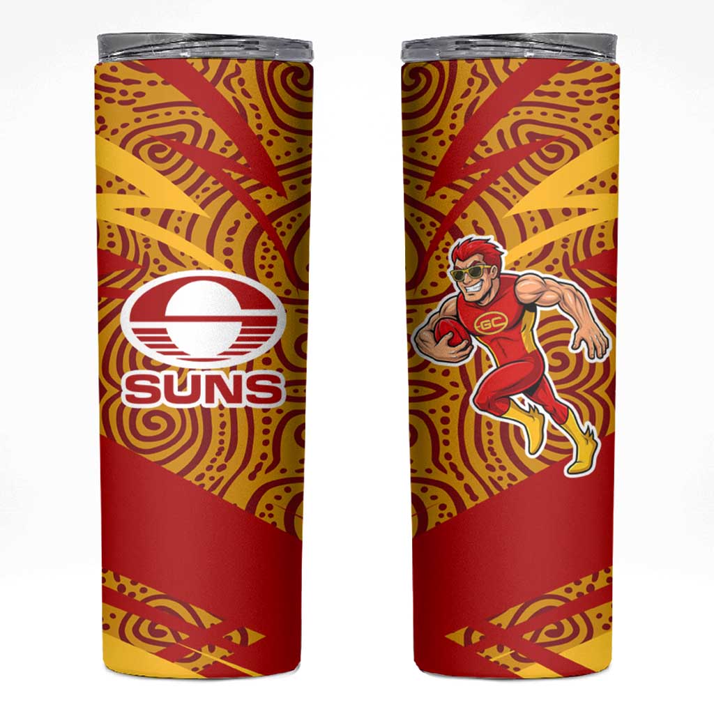 Gold Coast Suns Australian Football Skinny Tumbler Sunny Hero Mascot With Indigenous Pattern Art