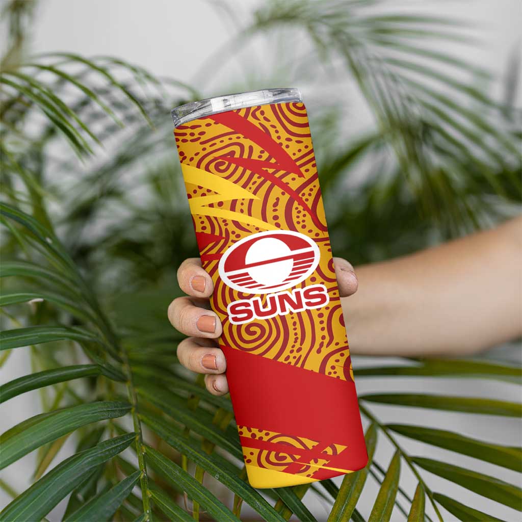Gold Coast Suns Australian Football Skinny Tumbler Sunny Hero Mascot With Indigenous Pattern Art