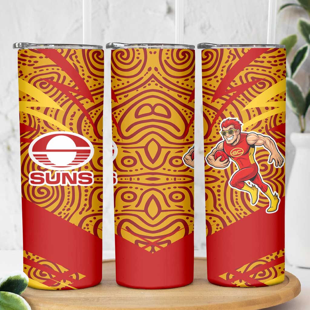Gold Coast Suns Australian Football Skinny Tumbler Sunny Hero Mascot With Indigenous Pattern Art
