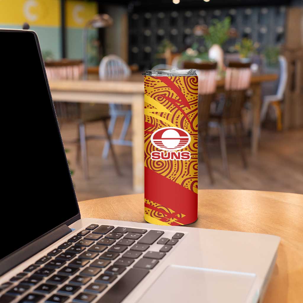 Gold Coast Suns Australian Football Skinny Tumbler Sunny Hero Mascot With Indigenous Pattern Art