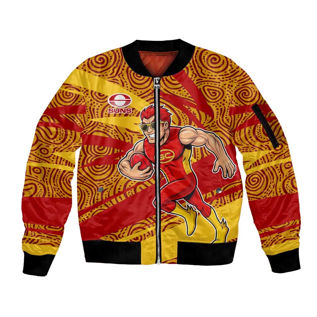 Gold Coast Suns Australian Football Sleeve Zip Bomber Jacket Sunny Hero Mascot With Indigenous Pattern Art