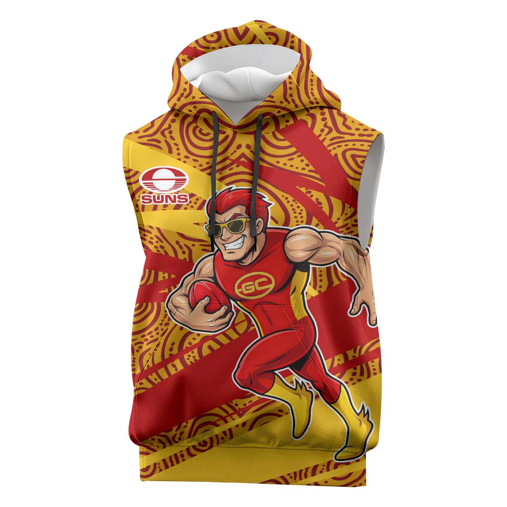 Gold Coast Suns Australian Football Sleeveless Hoodie Sunny Hero Mascot With Indigenous Pattern Art