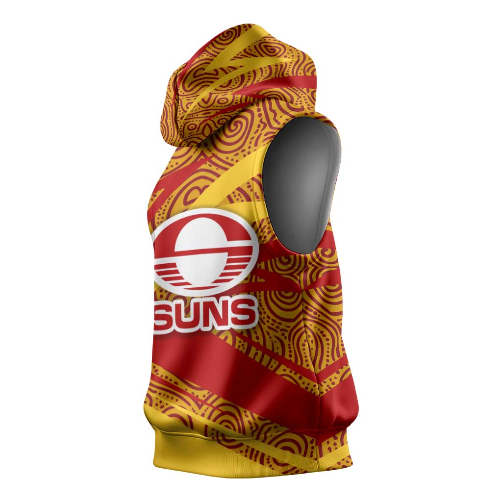 Gold Coast Suns Australian Football Sleeveless Hoodie Sunny Hero Mascot With Indigenous Pattern Art