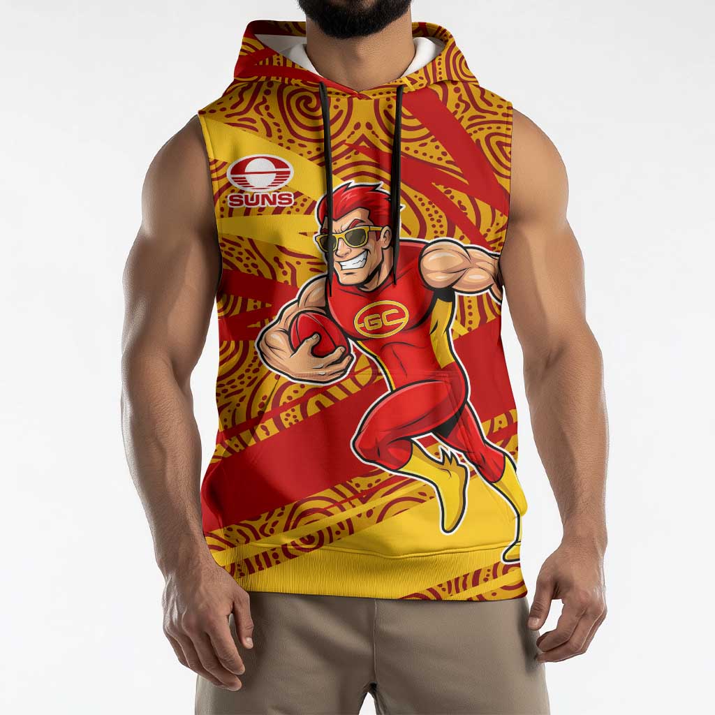 Gold Coast Suns Australian Football Sleeveless Hoodie Sunny Hero Mascot With Indigenous Pattern Art
