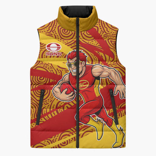 Gold Coast Suns Australian Football Sleeveless Puffer Jacket Sunny Hero Mascot With Indigenous Pattern Art