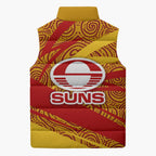 Gold Coast Suns Australian Football Sleeveless Puffer Jacket Sunny Hero Mascot With Indigenous Pattern Art