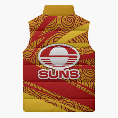 Gold Coast Suns Australian Football Sleeveless Puffer Jacket Sunny Hero Mascot With Indigenous Pattern Art