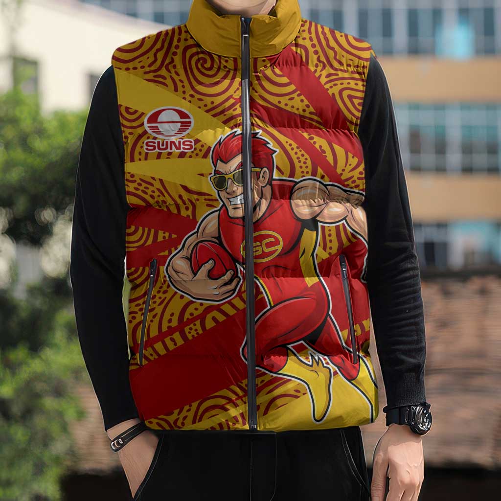 Gold Coast Suns Australian Football Sleeveless Puffer Jacket Sunny Hero Mascot With Indigenous Pattern Art