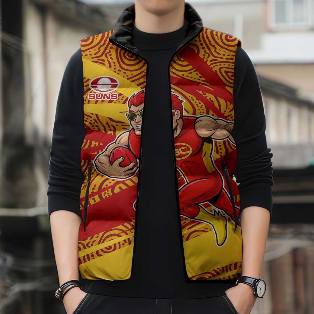 Gold Coast Suns Australian Football Sleeveless Puffer Jacket Sunny Hero Mascot With Indigenous Pattern Art