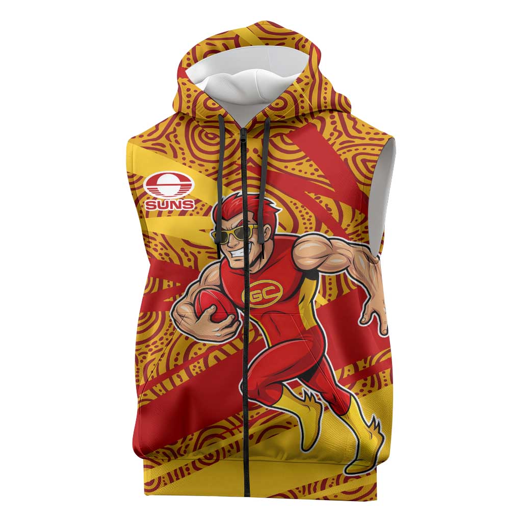 Gold Coast Suns Australian Football Sleeveless Zip Hoodie Sunny Hero Mascot With Indigenous Pattern Art