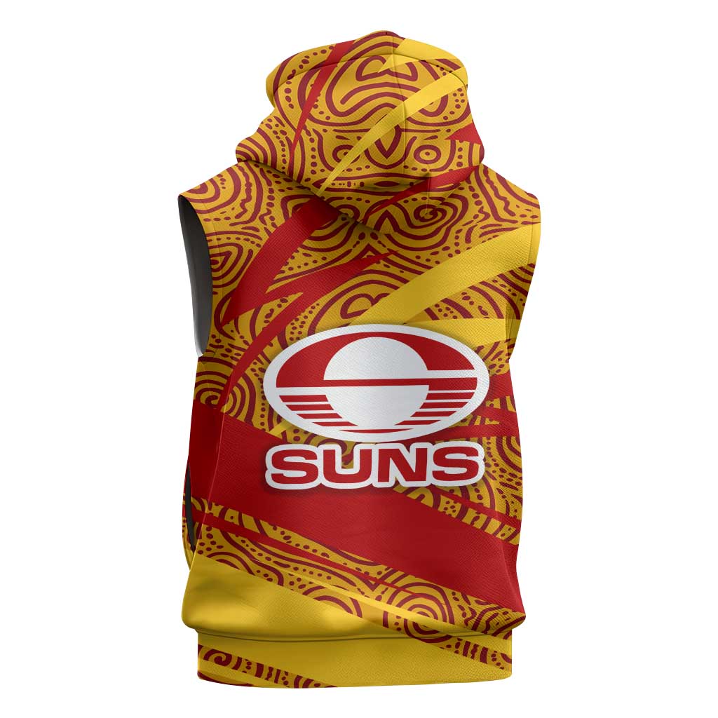 Gold Coast Suns Australian Football Sleeveless Zip Hoodie Sunny Hero Mascot With Indigenous Pattern Art