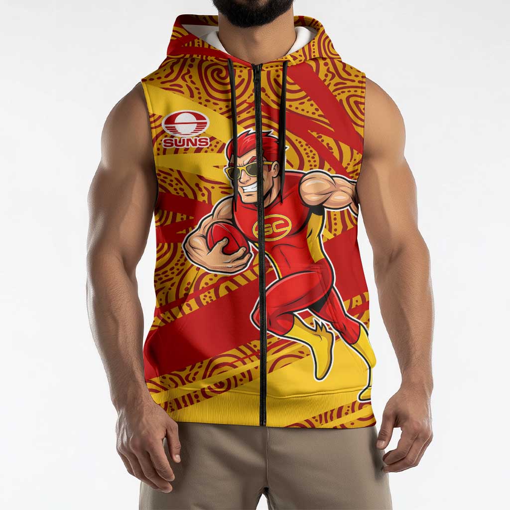 Gold Coast Suns Australian Football Sleeveless Zip Hoodie Sunny Hero Mascot With Indigenous Pattern Art