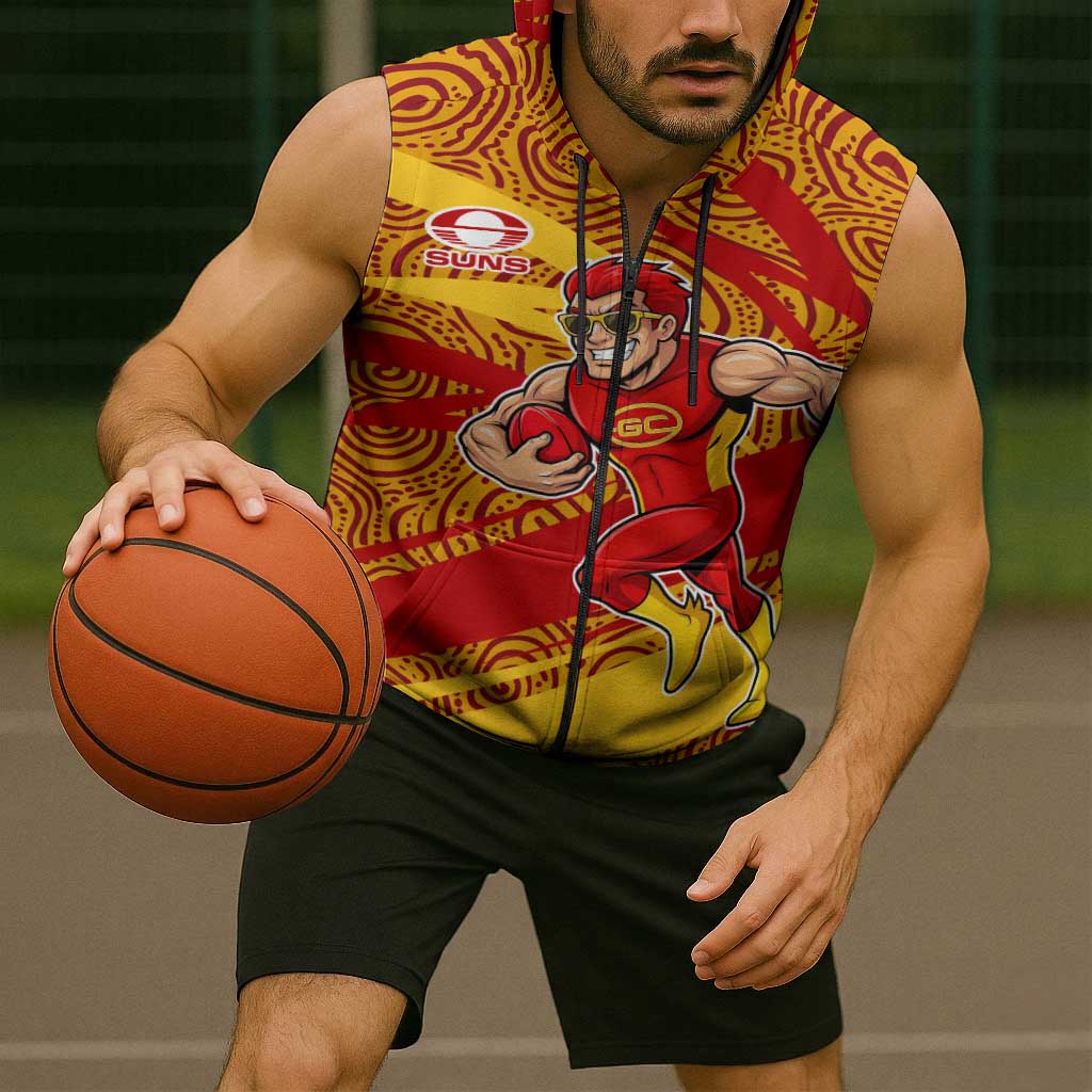 Gold Coast Suns Australian Football Sleeveless Zip Hoodie Sunny Hero Mascot With Indigenous Pattern Art