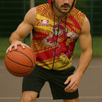 Gold Coast Suns Australian Football Sleeveless Zip Hoodie Sunny Hero Mascot With Indigenous Pattern Art
