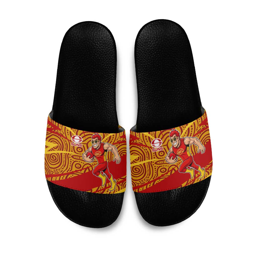 Gold Coast Suns Australian Football Slide Sandals Sunny Hero Mascot With Indigenous Pattern Art