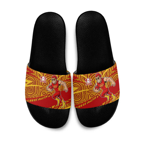 Gold Coast Suns Australian Football Slide Sandals Sunny Hero Mascot With Indigenous Pattern Art