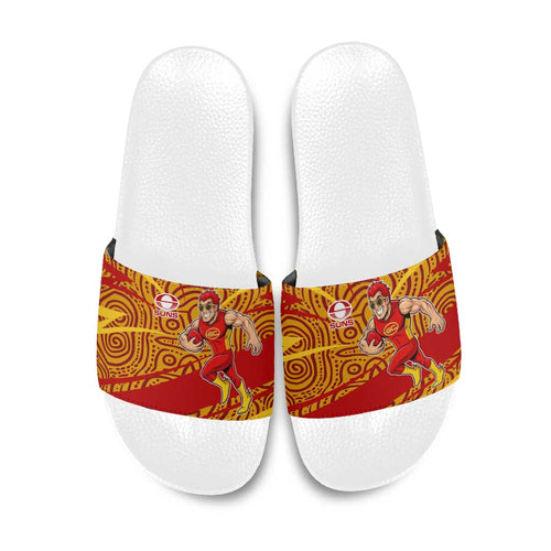 Gold Coast Suns Australian Football Slide Sandals Sunny Hero Mascot With Indigenous Pattern Art