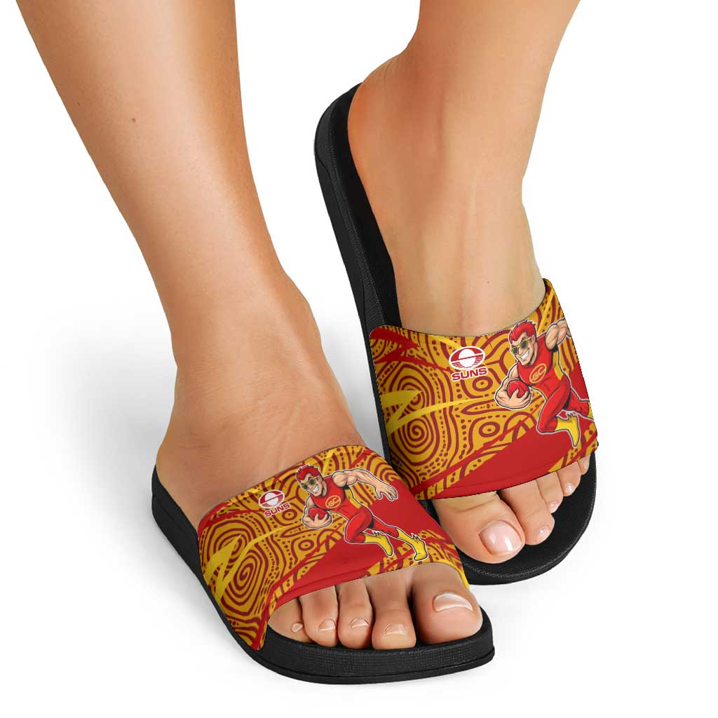 Gold Coast Suns Australian Football Slide Sandals Sunny Hero Mascot With Indigenous Pattern Art