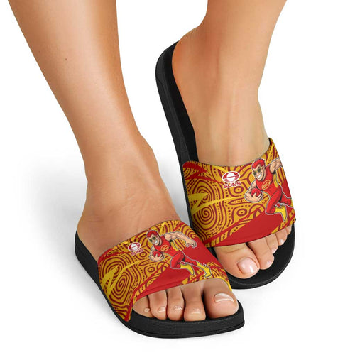 Gold Coast Suns Australian Football Slide Sandals Sunny Hero Mascot With Indigenous Pattern Art