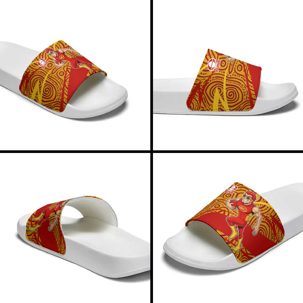 Gold Coast Suns Australian Football Slide Sandals Sunny Hero Mascot With Indigenous Pattern Art