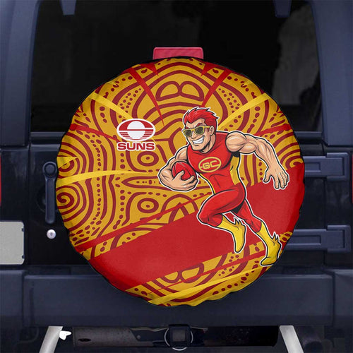 Gold Coast Suns Australian Football Spare Tire Cover Sunny Hero Mascot With Indigenous Pattern Art