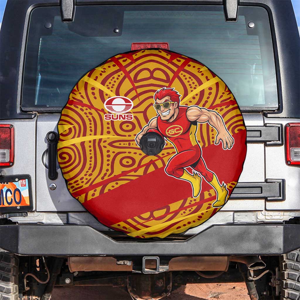 Gold Coast Suns Australian Football Spare Tire Cover Sunny Hero Mascot With Indigenous Pattern Art