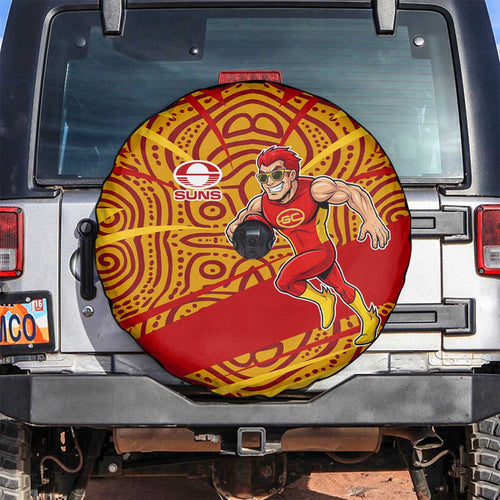 Gold Coast Suns Australian Football Spare Tire Cover Sunny Hero Mascot With Indigenous Pattern Art
