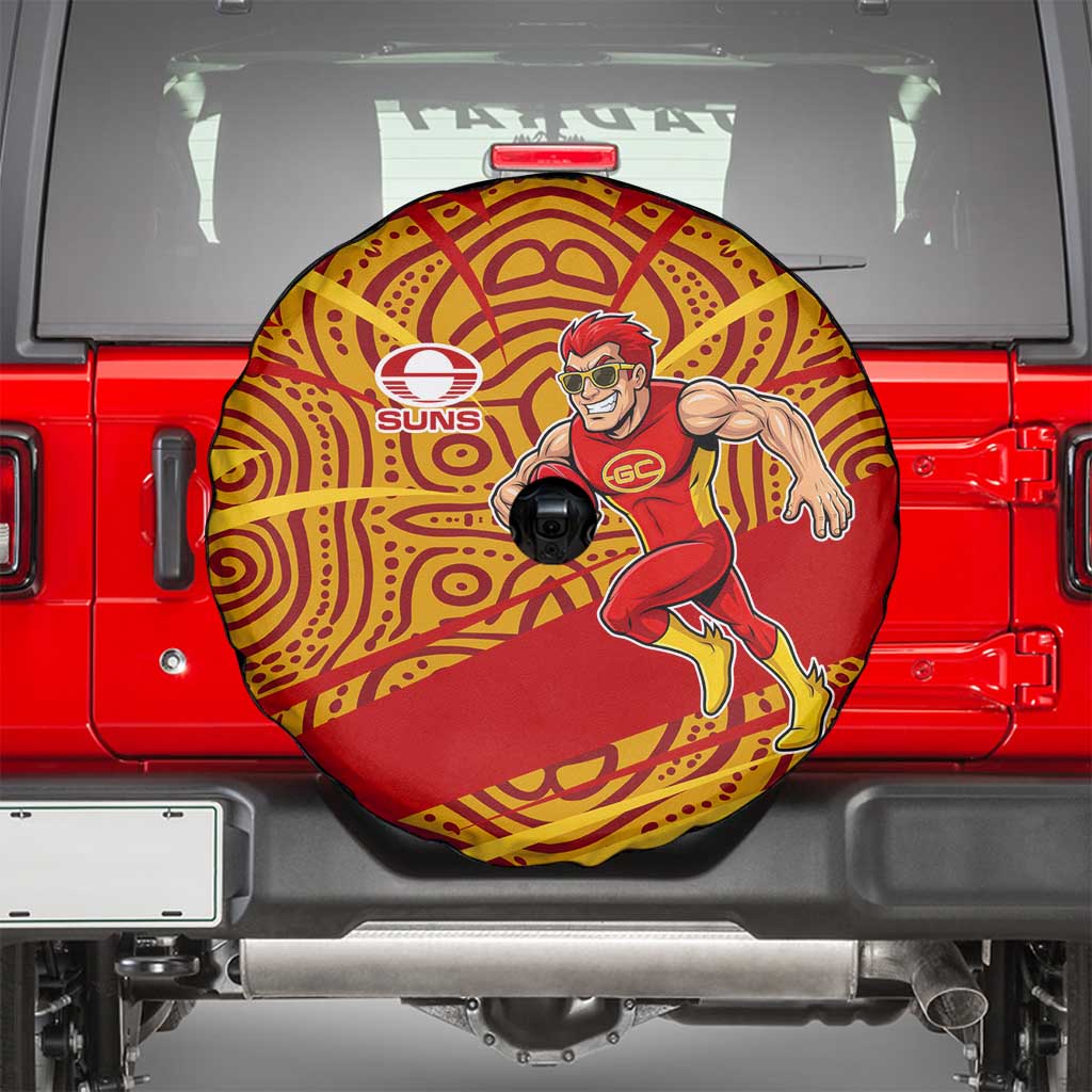 Gold Coast Suns Australian Football Spare Tire Cover Sunny Hero Mascot With Indigenous Pattern Art