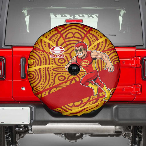 Gold Coast Suns Australian Football Spare Tire Cover Sunny Hero Mascot With Indigenous Pattern Art