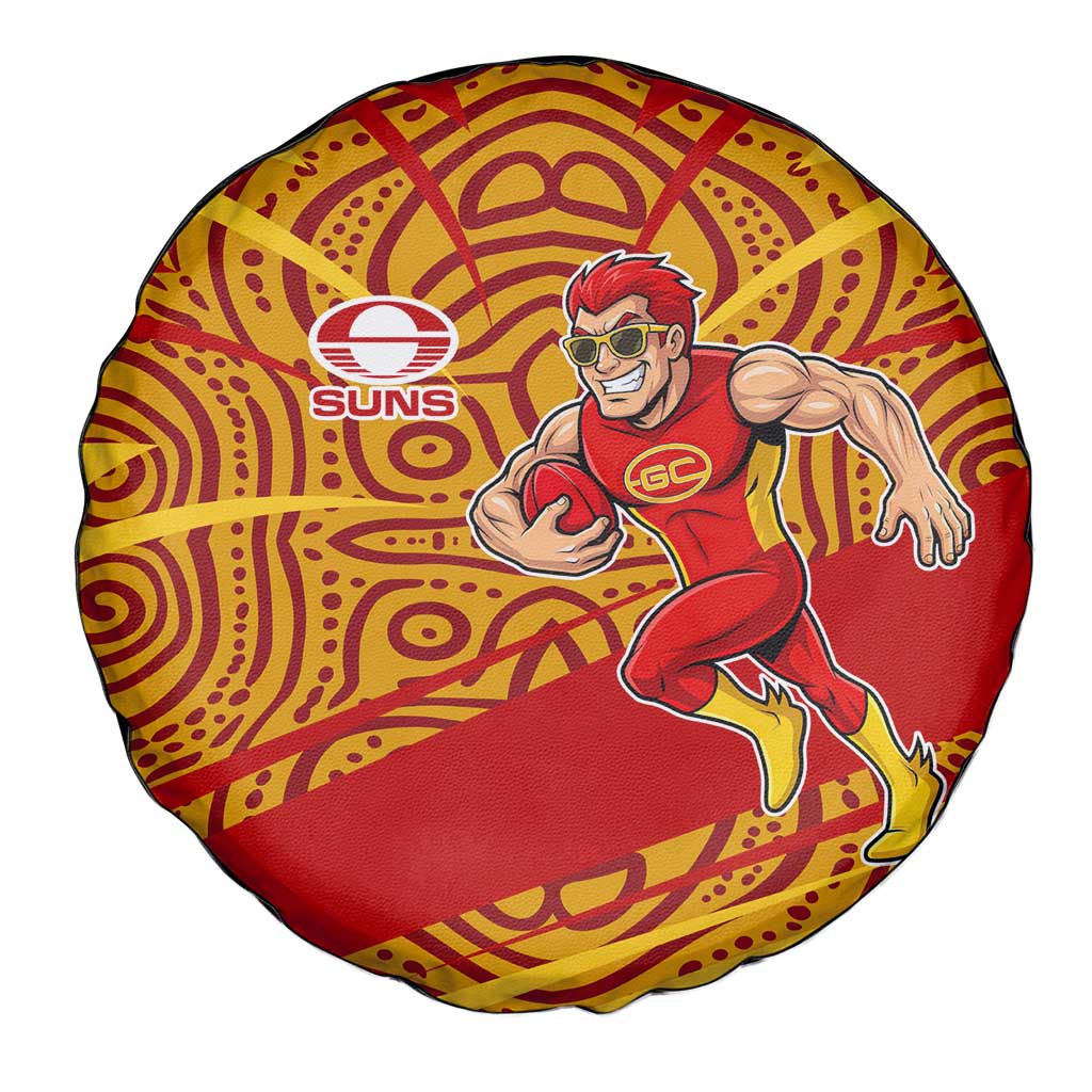 Gold Coast Suns Australian Football Spare Tire Cover Sunny Hero Mascot With Indigenous Pattern Art