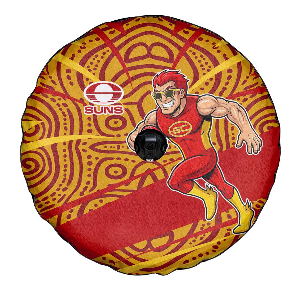 Gold Coast Suns Australian Football Spare Tire Cover Sunny Hero Mascot With Indigenous Pattern Art