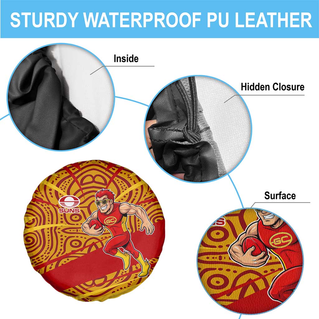 Gold Coast Suns Australian Football Spare Tire Cover Sunny Hero Mascot With Indigenous Pattern Art