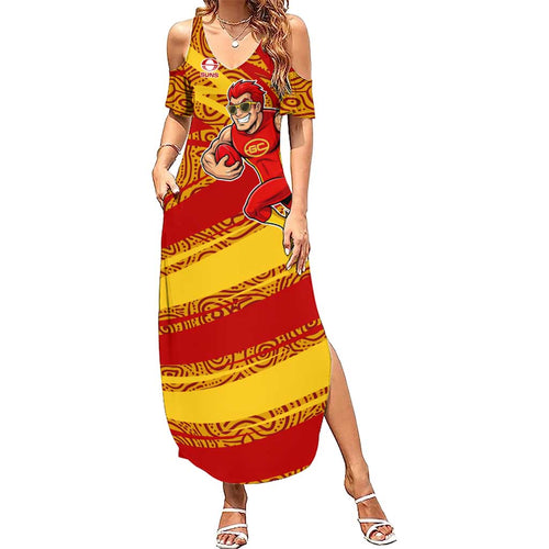 Gold Coast Suns Australian Football Summer Maxi Dress Sunny Hero Mascot With Indigenous Pattern Art