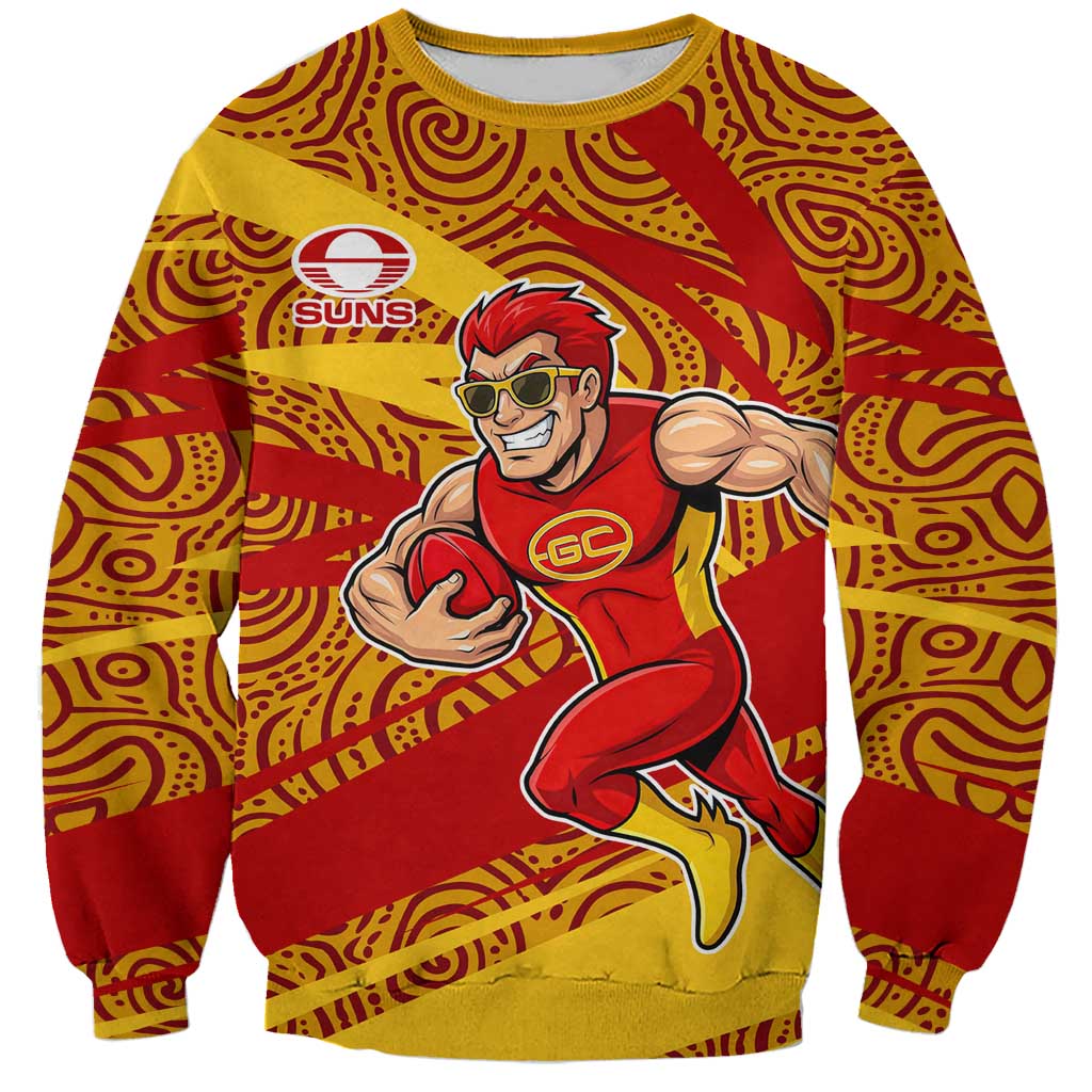 Gold Coast Suns Australian Football Sweatshirt Sunny Hero Mascot With Indigenous Pattern Art