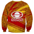 Gold Coast Suns Australian Football Sweatshirt Sunny Hero Mascot With Indigenous Pattern Art