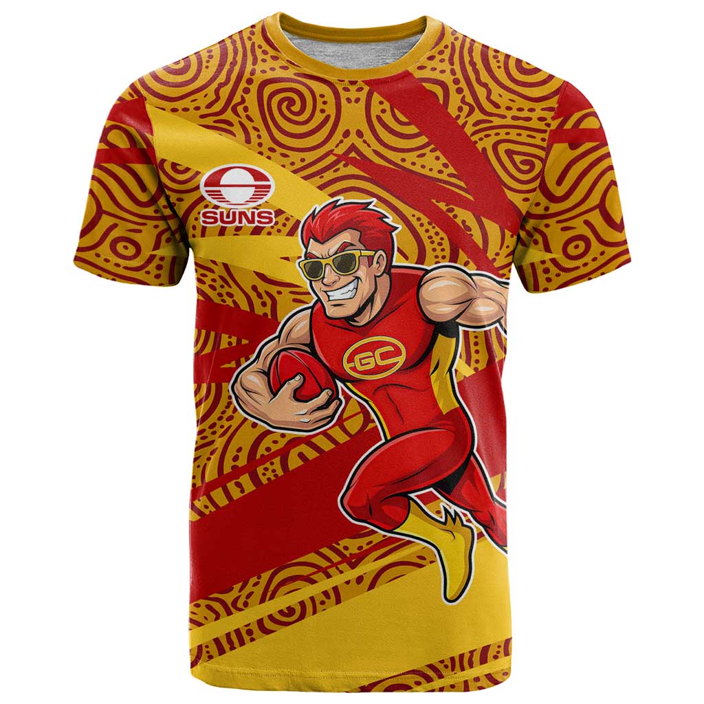 Gold Coast Suns Australian Football T Shirt Sunny Hero Mascot With Indigenous Pattern Art