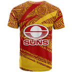 Gold Coast Suns Australian Football T Shirt Sunny Hero Mascot With Indigenous Pattern Art