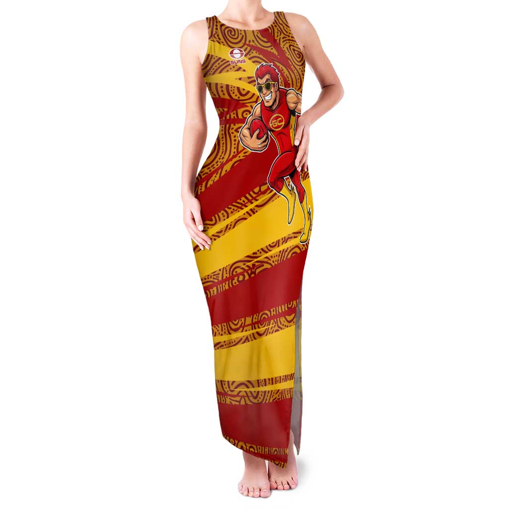 Gold Coast Suns Australian Football Tank Maxi Dress Sunny Hero Mascot With Indigenous Pattern Art
