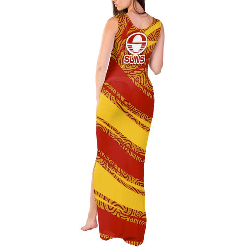 Gold Coast Suns Australian Football Tank Maxi Dress Sunny Hero Mascot With Indigenous Pattern Art