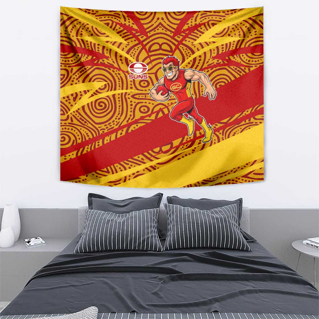 Gold Coast Suns Australian Football Tapestry Sunny Hero Mascot With Indigenous Pattern Art