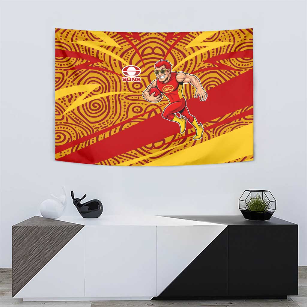 Gold Coast Suns Australian Football Tapestry Sunny Hero Mascot With Indigenous Pattern Art